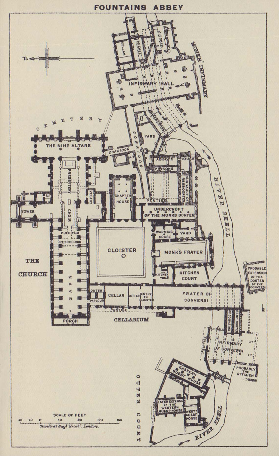 Fountains Abbey ground floor plan. Yorkshire 1920 old antique map chart